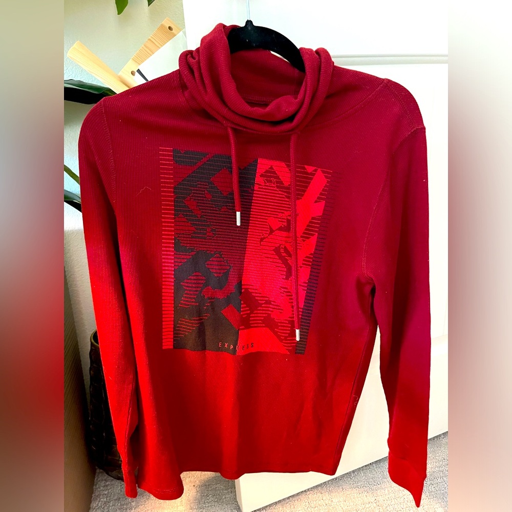Express men’s lightweight lion graphic hoodie cowl neck drawstring red size XS